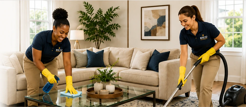 BIEJU cleaning professionals working in a bright living room